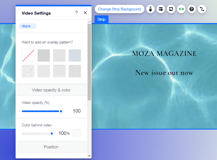 El panel de configuración para un fondo de video en una franja en el Editor de Wix.