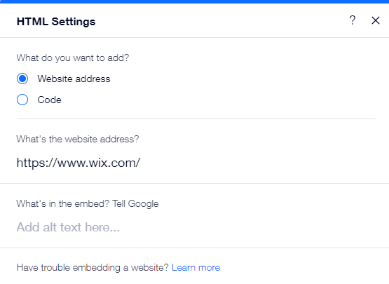 The HTML panel in the Wix Editor. A website address is being added.
