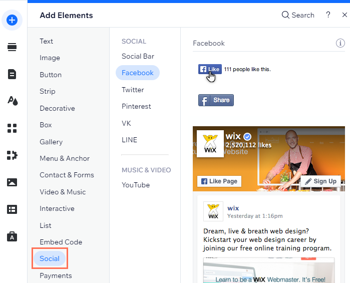 The Add Elements panel in the Editor. The Social tab is open, and the cursor is hovering over the Facebook Like button.