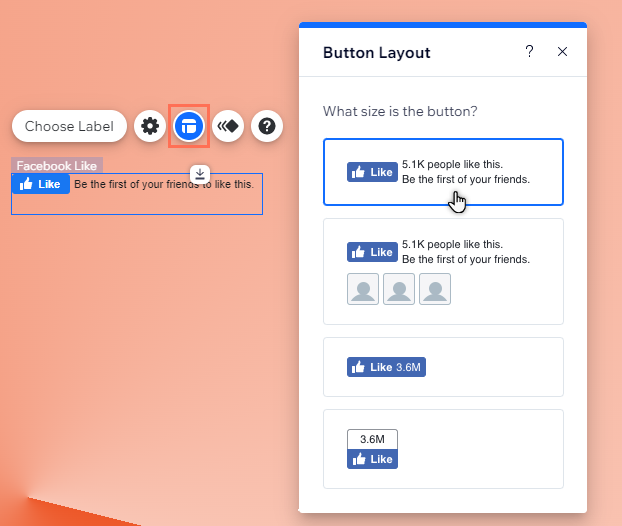 The Facbook Like button Layout panel in the Wix Editor.