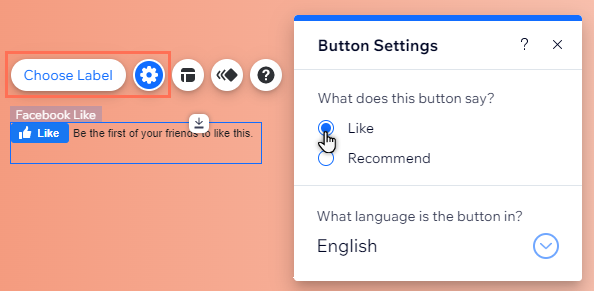 The Facebook Like button Settings panel in the Wix Editor.