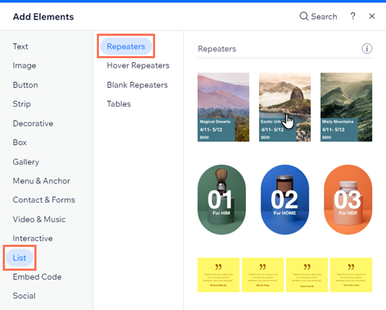 The repeaters tab in the Add Elements panel of the Wix Editor.