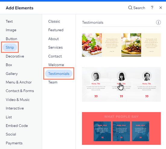 The Add Elements panel in the Editor. The Testimonial preset strips are open.
