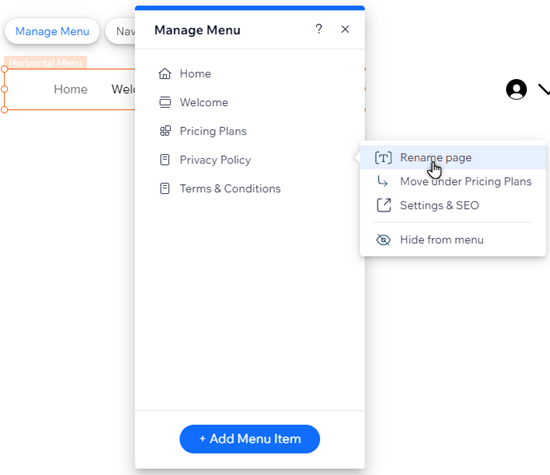 The Manage Menu panel. The cursor is hovering over the 'Rename page' option.