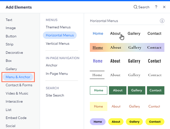 The Add Elements panel in the Editor. The cursor is hovering over the option to add a horizontal menu.