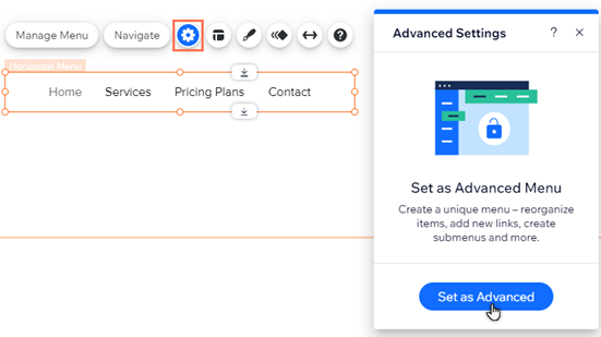 Het paneel met geavanceerde instellingen in het menu. De cursor wijst de Instellen als geavanceerd-knop aan.