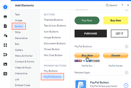 The Add Elements panel. The Buttons tab has been selected, and the cursor is hovering over the PayPal Buy now button.