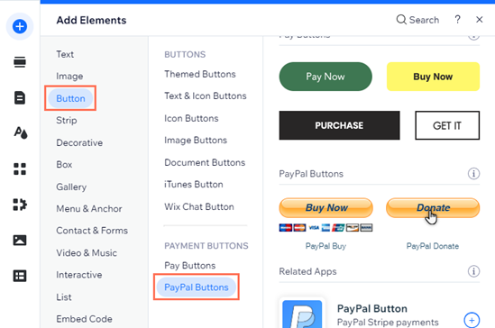 The Add panel. The Buttons tab has been selected, and the cursor is hovering over the PayPal Donate button.