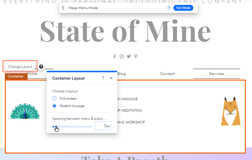 The container layout panel for a mega menu in the Wix Editor. The cursor is hovering over the spacing slider.