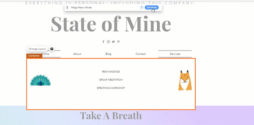 Wix 에디터에서 메가 메뉴 컨테이너의 디자인 옵션에 액세스하는 중인 GIF