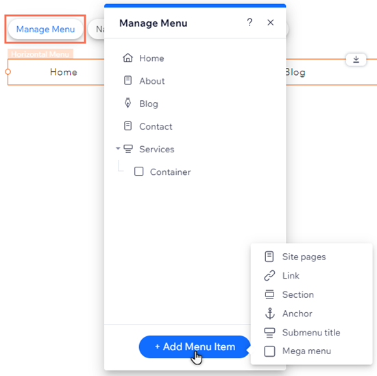 החלונית Manage Menu (ניהול תפריטים). סמן העכבר נמצא מעל הכפתור 'Add Menu Item' (הוספת פריט בתפריט), שמציג את האפשרויות.