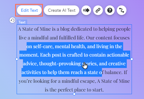 Le panneau Modifier le texte dans l'Éditeur Wix a été ouvert. Une section du texte a été mise en surbrillance par le curseur.