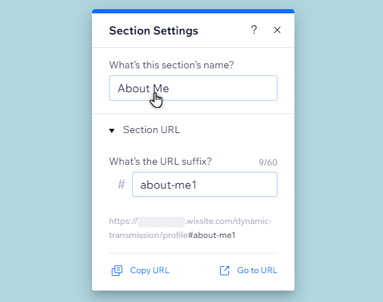 The Section settings modal. The cursor is hovering over the text field for the section name.