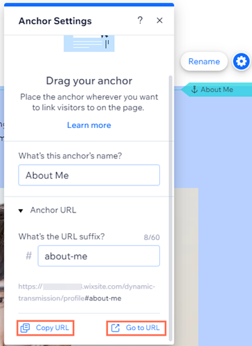 screenshot of anchor settings panel in wix editor.