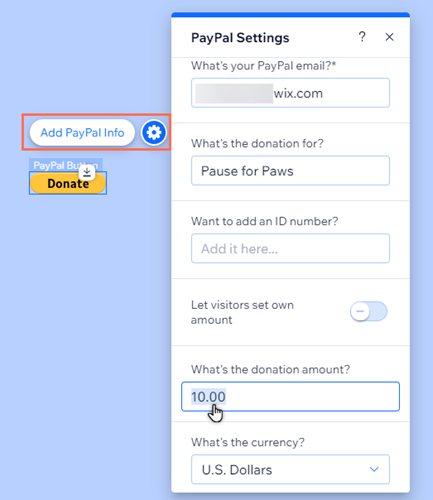 The PayPal button settings panel in the editor. The cursor is hovering over the option to set the donation amount.