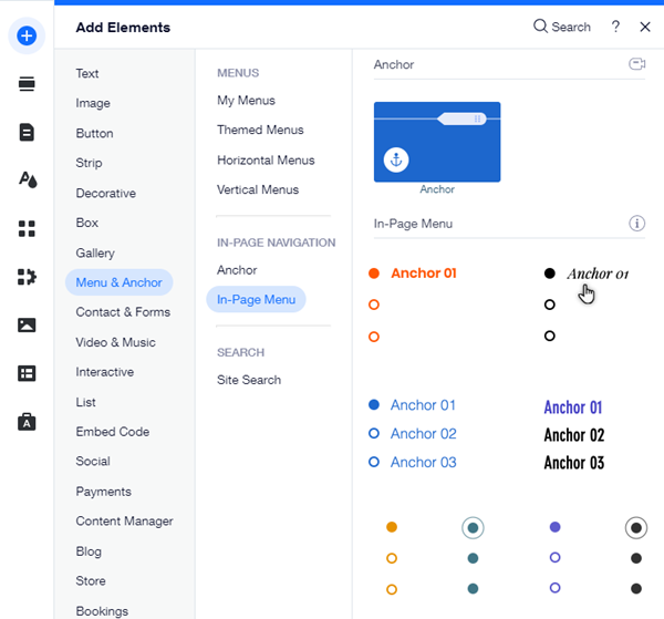 The Add Elements panel in the Editor. The cursor is hovering over the option to add an in-page menu.