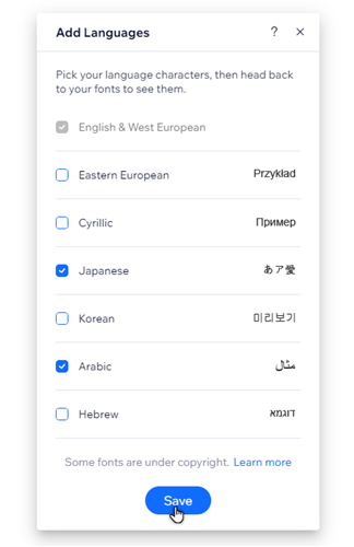 The Add Languages panel in the Editor. Japanese and Arabic have been selected, & the cursor is hovering over the Save button.