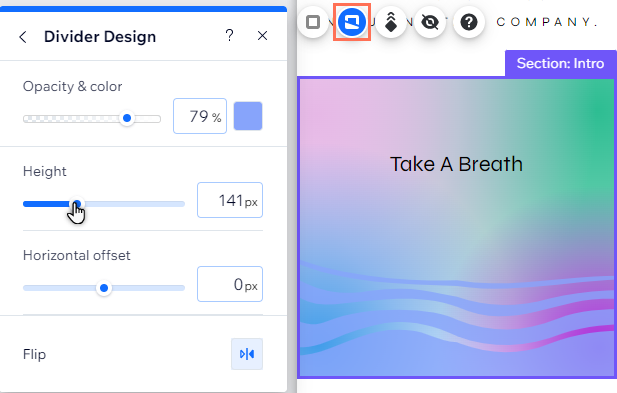 The design panel for a shape divider in the mobile Editor. The height is being adjusted.