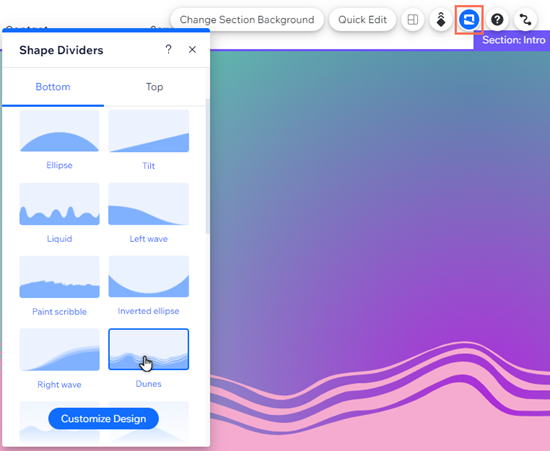 The Shape Dividers panel on a section in the Editor. The Dunes shape has been selected.