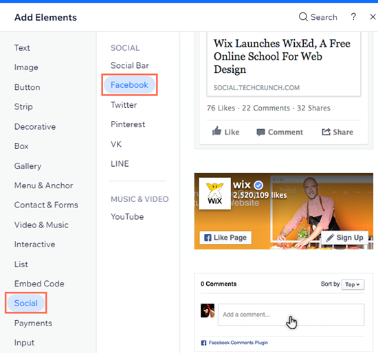 screenshot van het paneel voor het toevoegen van elementen in de Wix Editor, social media gemarkeerd.