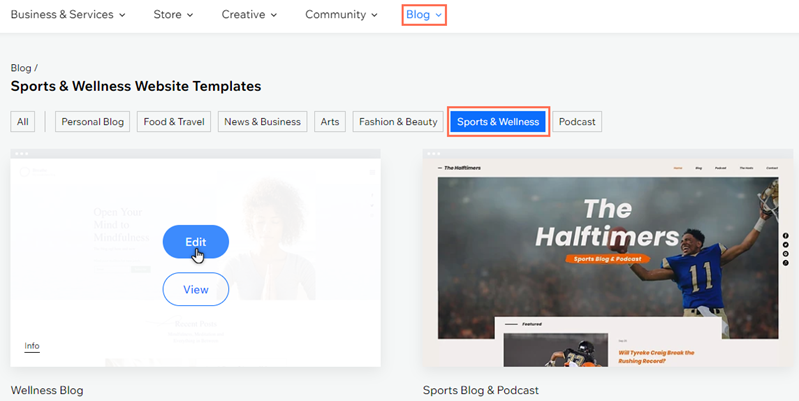 The Templates page in Wix. The Sports & Wellness Blog subcategory is open, and a cursor is hovering over a template.