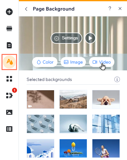 Der Tab „Seitenhintergrund“ des Website-Design-Panels. Der Cursor fährt über die Option zum Hinzufügen eines Videos.