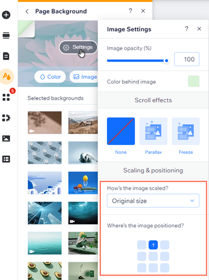 The image background settings panel. The scaling and positioning section of the panel is highlighted.