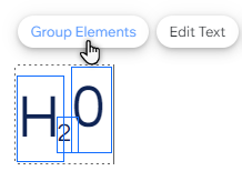 Text boxes in the Wix Editor that are being grouped together. The boxes spell out H20.