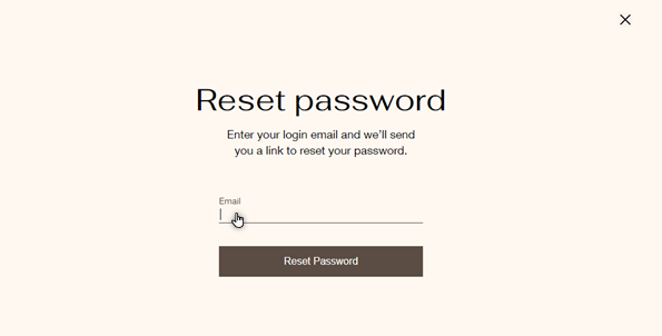 A password reset window on a live Wix site. The cursor is hovering over the email field.