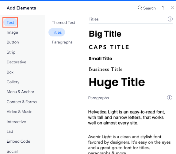 The Add Elements panel in the Wix Editor. The Text tab is open, and text previews are displayed.
