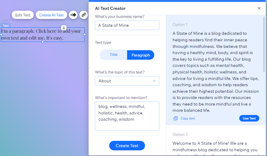 The AI Text Creator panel in the Wix Editor. Information has been added, and AI text options are displayed.