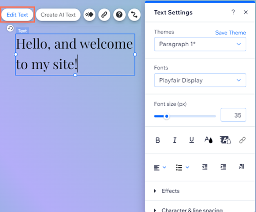 The Edit Text panel. The text content has been updated, and formatting options are displayed.