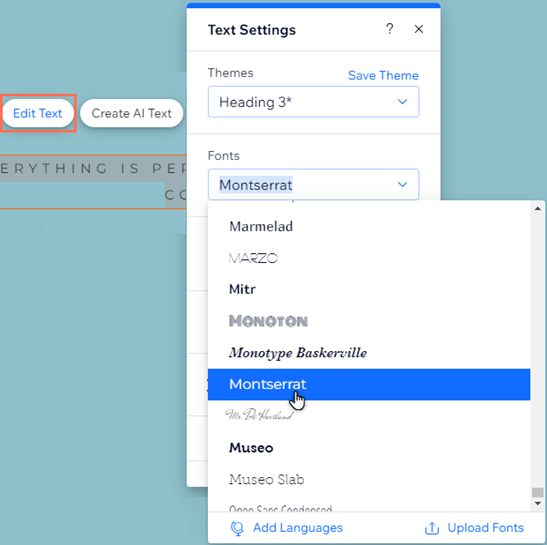 The Fonts dropdown menu of the text settings panel. The Montserrat font has been selected.