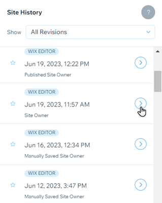 The Wix Site History panel. The cursor is hovering over a site version.