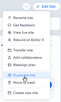 The site options panel in the Wix dashboard. The cursor is hovering over the option to duplicate a site.