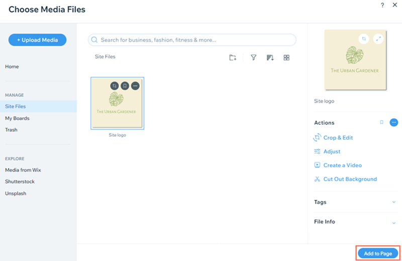 Le gestionnaire de médias dans Wix. Un logo a été sélectionné dans les fichiers du site.