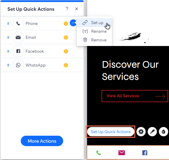 The set up panel of a QAB. The cursor is hovering over the option to set up the phone action.