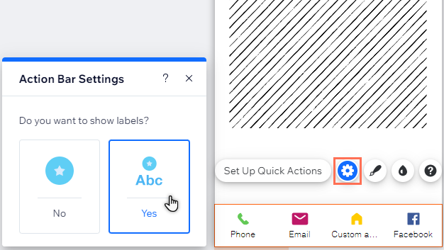 The QAB settings panel. The cursor is hovering over the option to display text.