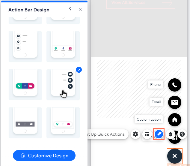 El panel Diseño de la barra de acciones rápidas. El cursor se desplaza sobre un preajuste vertical.