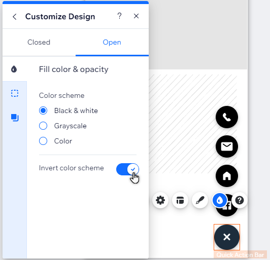 Das „Design anpassen“-Panel der Schnellaktionsleiste. Der Cursor fährt mit der Maus über die Option zum Umkehren des Farbschemas.