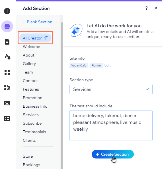 El panel del creador de secciones con IA en el Editor. El botón Crear sección está resaltado.