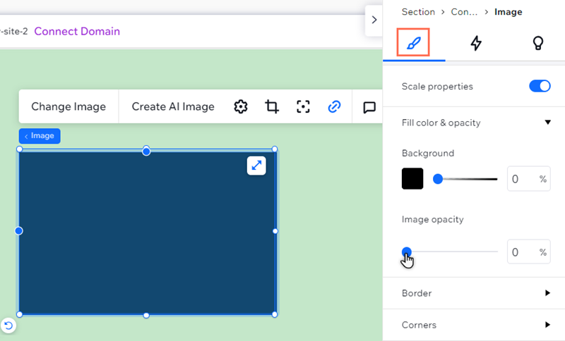 El panel Inspector profesional de una imagen en el Editor de Wix Studio. El control deslizante de opacidad de la imagen se ha arrastrado al 0%.