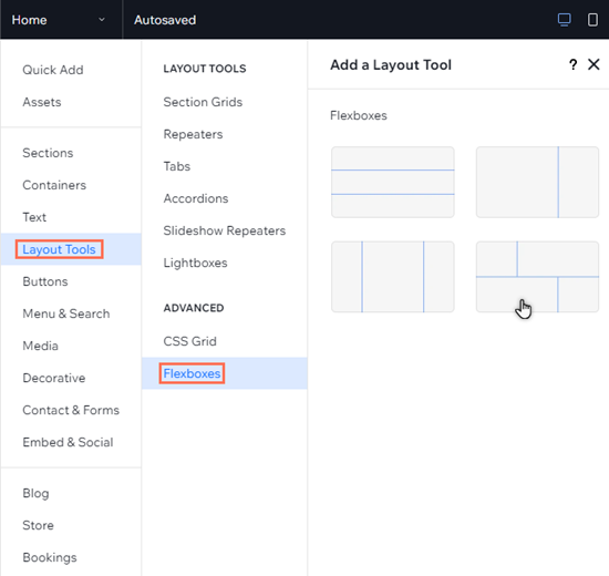 Le panneau Ajouter des éléments dans l'Éditeur Studio. Le curseur survole une mise en page Flexbox.