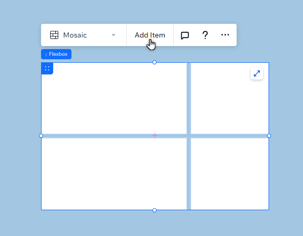 A blank flexbox in the Editor. The cursor is hovering over the Add items button.