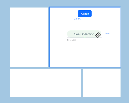 Un botón que ha sido arrastrado a una flexbox. Se muestra el mensaje Adjuntar.