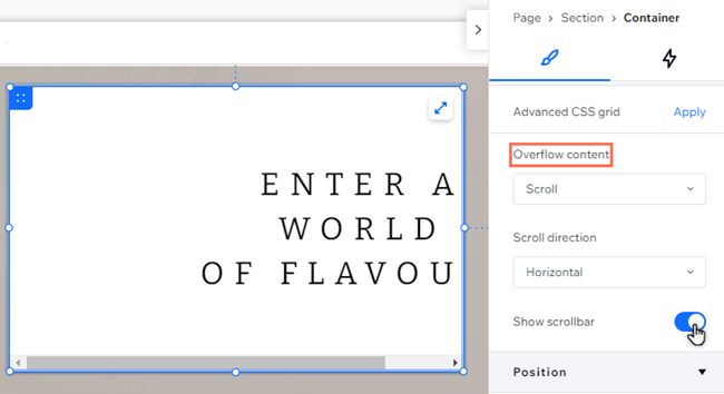 The overflow content settings of a container. Scroll has been selected, and the cursor is enabling the scrollbar.