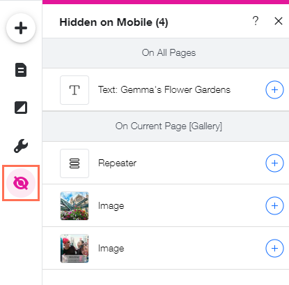 The Hidden on Mobile panel in the mobile Editor. The icon is highlighted, and the panel has been opened.