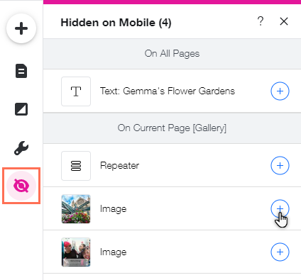 The Hidden on Mobile panel is open in the Mobile Editor. The cursor is hovering over the Show Element icon.