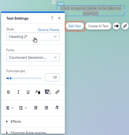 El panel Ajustes de texto en el Editor. El cursor pasa el cursor sobre el menú desplegable Estilos.