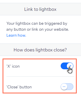 Het Instellingen-paneel van de lightbox. De opties voor het sluiten van de lightbox zijn gemarkeerd.